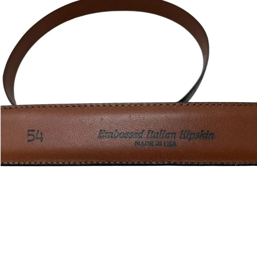 Torino Embossed Italian Kipskin Leather Belt Solid Brass Black Sz 54 USA Made